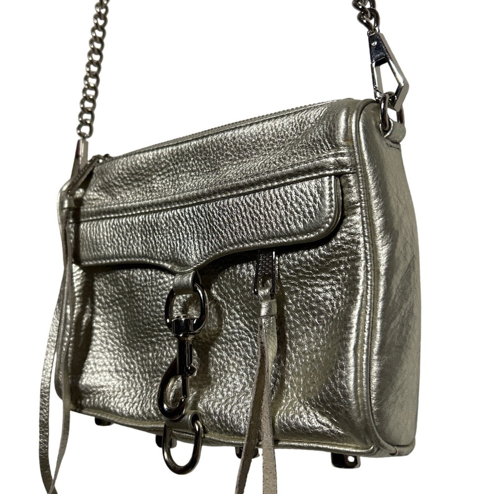 Rebecca Minkoff Crossbody Bag Metallic Silver Leather Chain Strap 6.75"‎ T 9" L